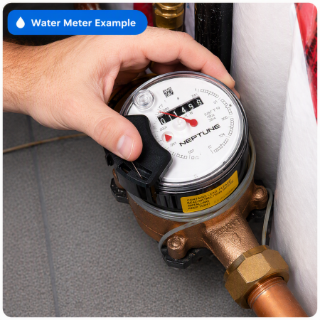 A hand on a water meter with words in text bubble