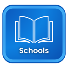 Graphic displaying an open book icon and the text “Schools.”