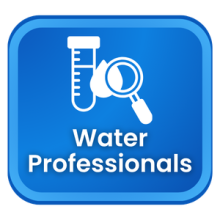 Graphic displaying laboratory testing and magnifying glass icons with the text “Water Professionals.”